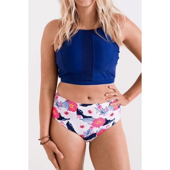 NWT: Two-Piece Midkini Top Mid-Rise Brief Floral Bottom Swimsuit - Picture 1 of 8